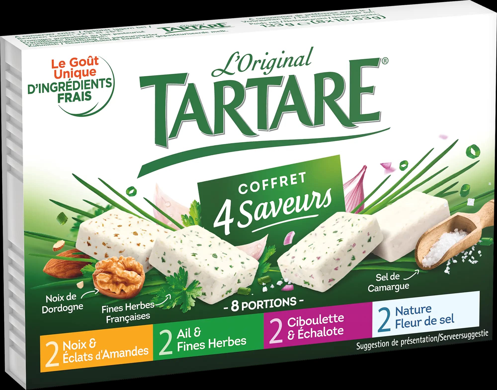TARTARE® COFFRET (2 AIL & FINES HERBES / 2 NOIX & ECLATS D’AMANDES / 2 ECHALOTES & CIBOULETTE / 2 NATURE FLEUR DE SEL) 8 PORTIONS 133G